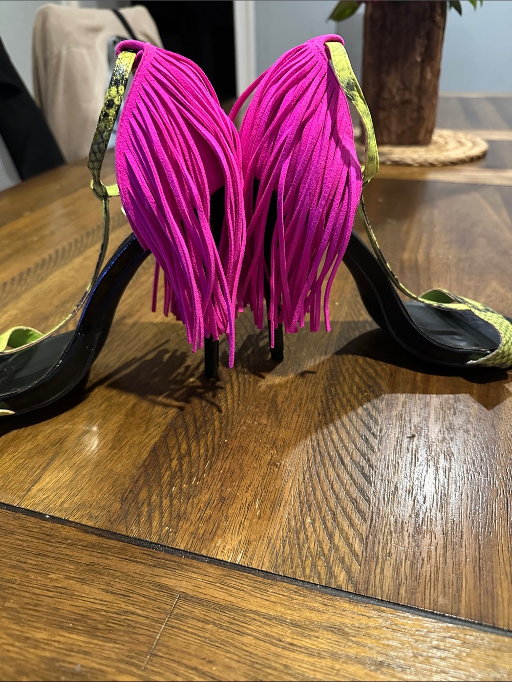 Steve Madden Neon Lime and Hot Pink Fringe T-Strap Heels - Picture 2 of 5